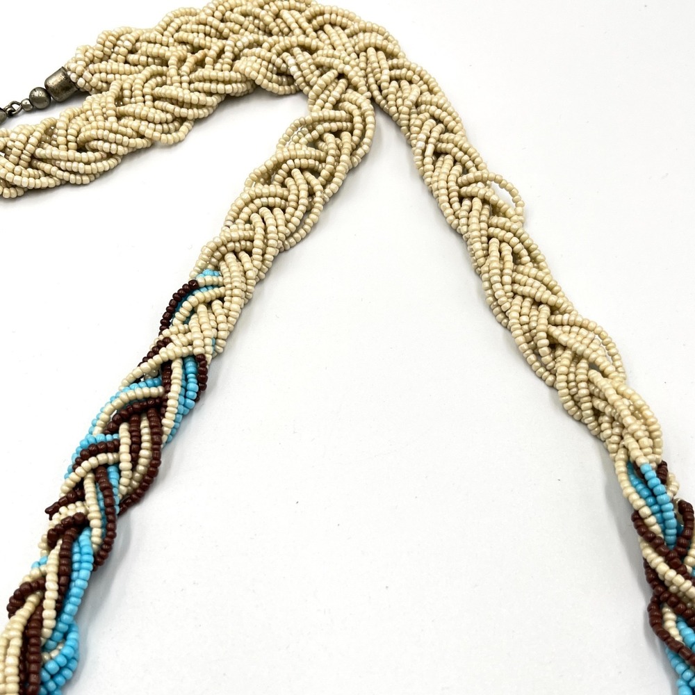 Vintage Multi-Strand Braided Seed Bead Necklace Cream Blue Brown Boho Retro - Picture 8 of 15